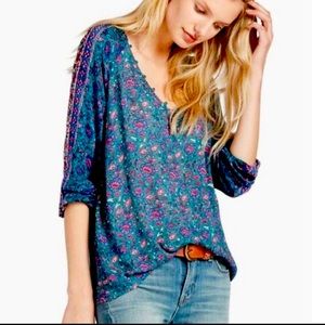 Lucky Brand Teal floral peasant blouse